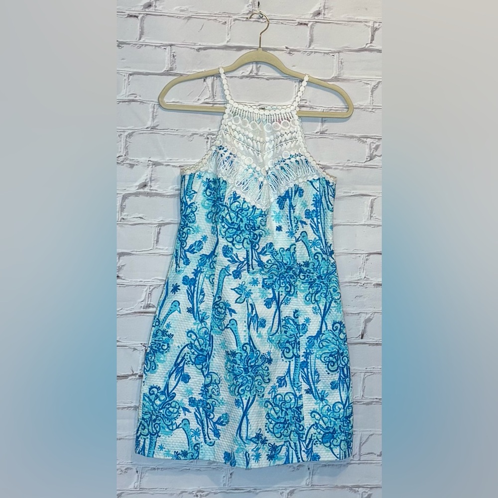Lilly Pulitzer White and Blue Crochet Halter Mini Dress